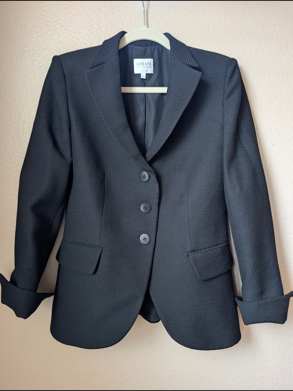 ARMANI COLLEZIONI Virgin Wool Mohair Textured Blazer Made in Italy Black US 6